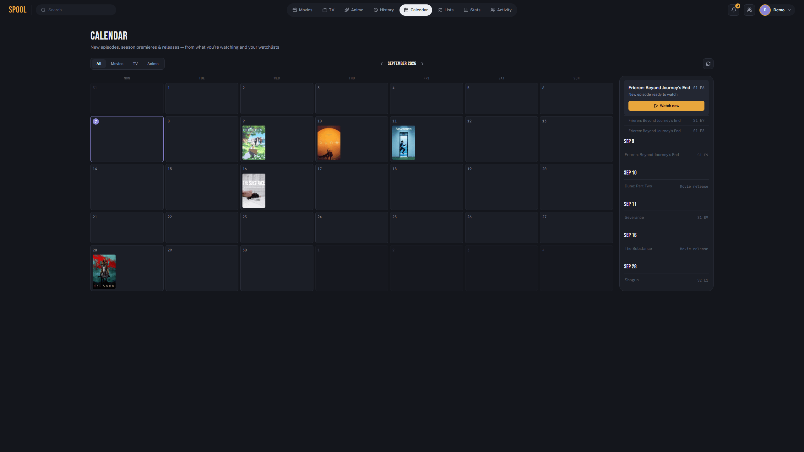 Calendar page with upcoming releases